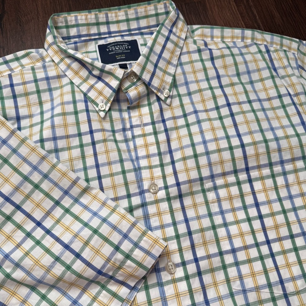 Charles Tyrwhitt Shirt Mens Extra Large Yellow Blue Plaid Slim Fit Non-Iron S/S